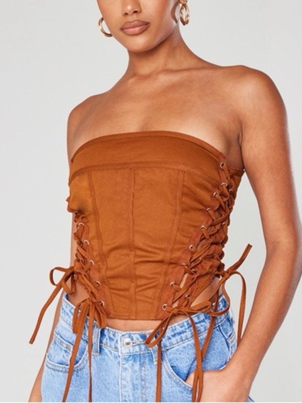 NWT PrettyLittleThing Strapless Lace-Up Corset Top in Rust